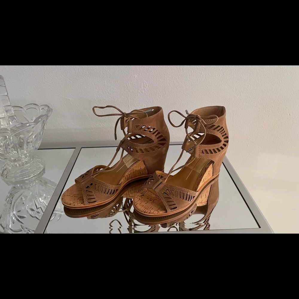 Suede upper lace up front with Ty closure laser cut out detail wedge 2.5 high